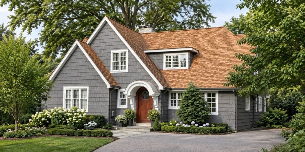 Cedar Shake Siding and Brown Roof Color Combinations